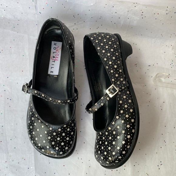 Very Volatile Black  Vegan Leather Chunky Style Star Print Mary Janes  Size 6.5 - Picture 13 of 14